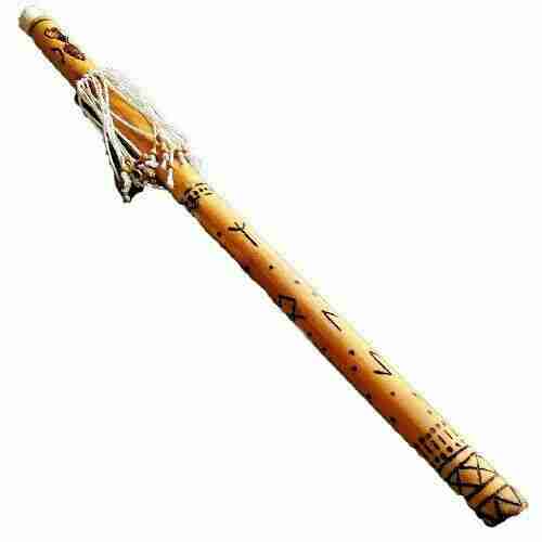 Bambusowy grzechotko-kij deszczowy Shaman, ręcznie wykonany z nordyckimi runami Lokiego